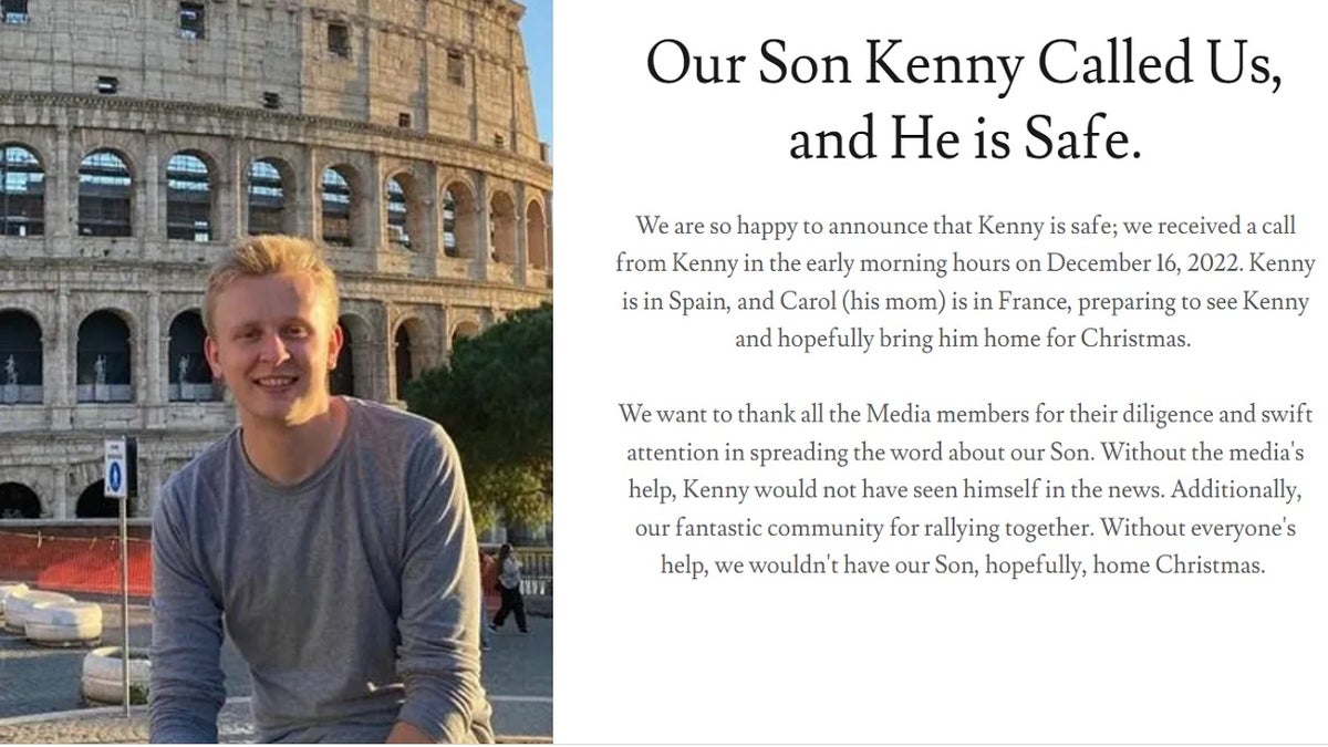 screenshot of website alert that states 'our son kenny called us''