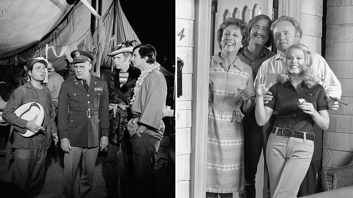 "Mash" scene from 1972 with Gary Burghoff, G. Wood, Wayne Rogers, Alan Alda as Captain Benjamin Franklin Pierce split "All in the Family" Jean Stapleton, Rob Reiner, Carroll O'Connor. Sally Struthers in two black and white photos
