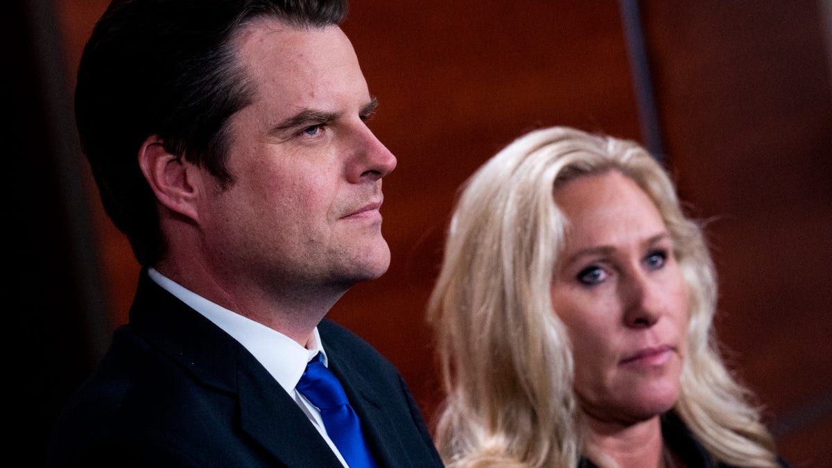 Reps. Marjorie Taylor Greene, R-Ga., and Matt Gaetz, R-Fla., conduct a news conference in the Capitol Visitor Center on a resolution requesting information from the Biden administration on Ukraine funding, on Thursday, November 17, 2022. (Tom Williams/CQ-Roll Call, Inc via Getty Images) 
