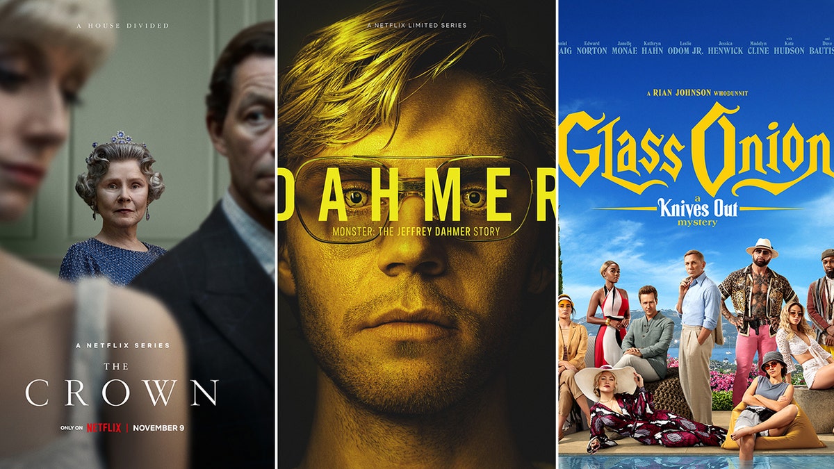 Netflix 'The Crown' season 5 poster split Evan Peters as Jeffrey Dahmer in the poster for "Dahmer-Monster: The Jeffrey Dahmer Story" split the cast of "Glass Onion: A Knives Out Mystery" movie poster