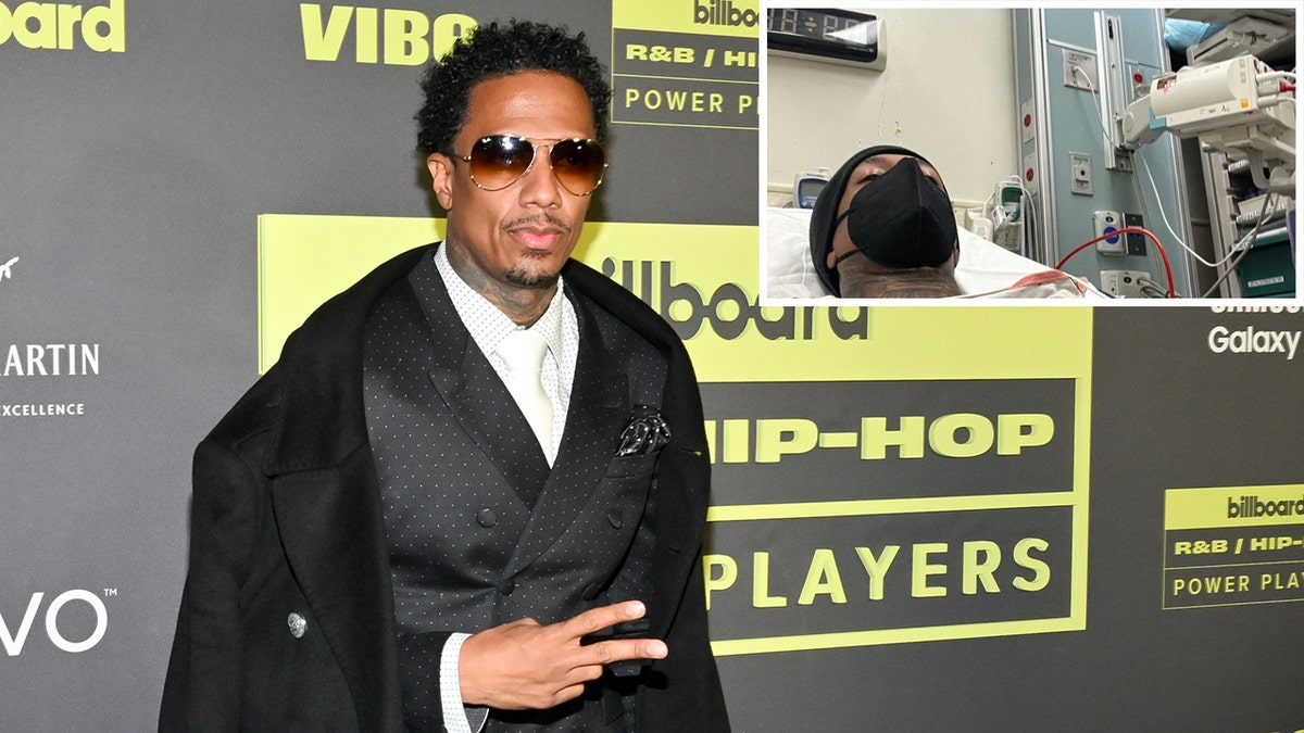 Nick Cannon in a black double breasted suit and sunglasses throws up the peace sign on the red carpet inset Nick Cannon wears a black mask as he lays on a hospital bed