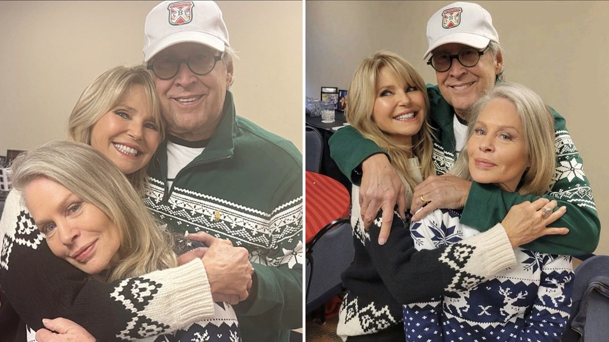 Beverly D'Angelo holds on to Christie Brinkley who is hugging Chevy Chase split Chevy Chase wraps his arms around Beverly D'Angelo and Christie Brinkley