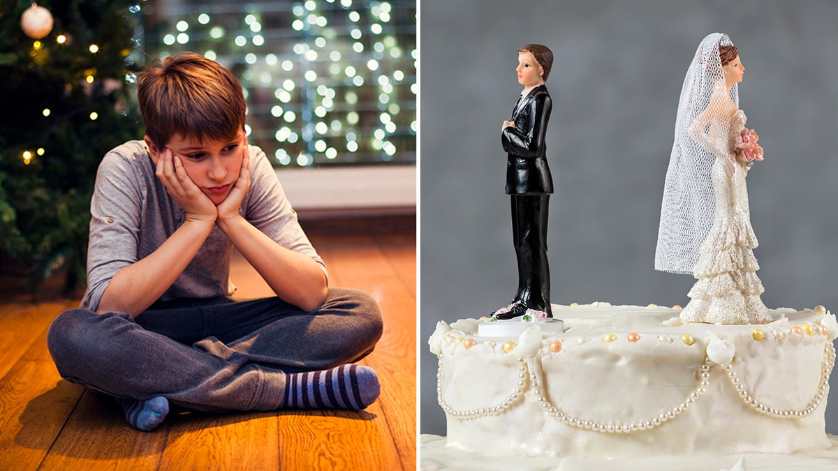 split wedding cake and sad boy at Christmas