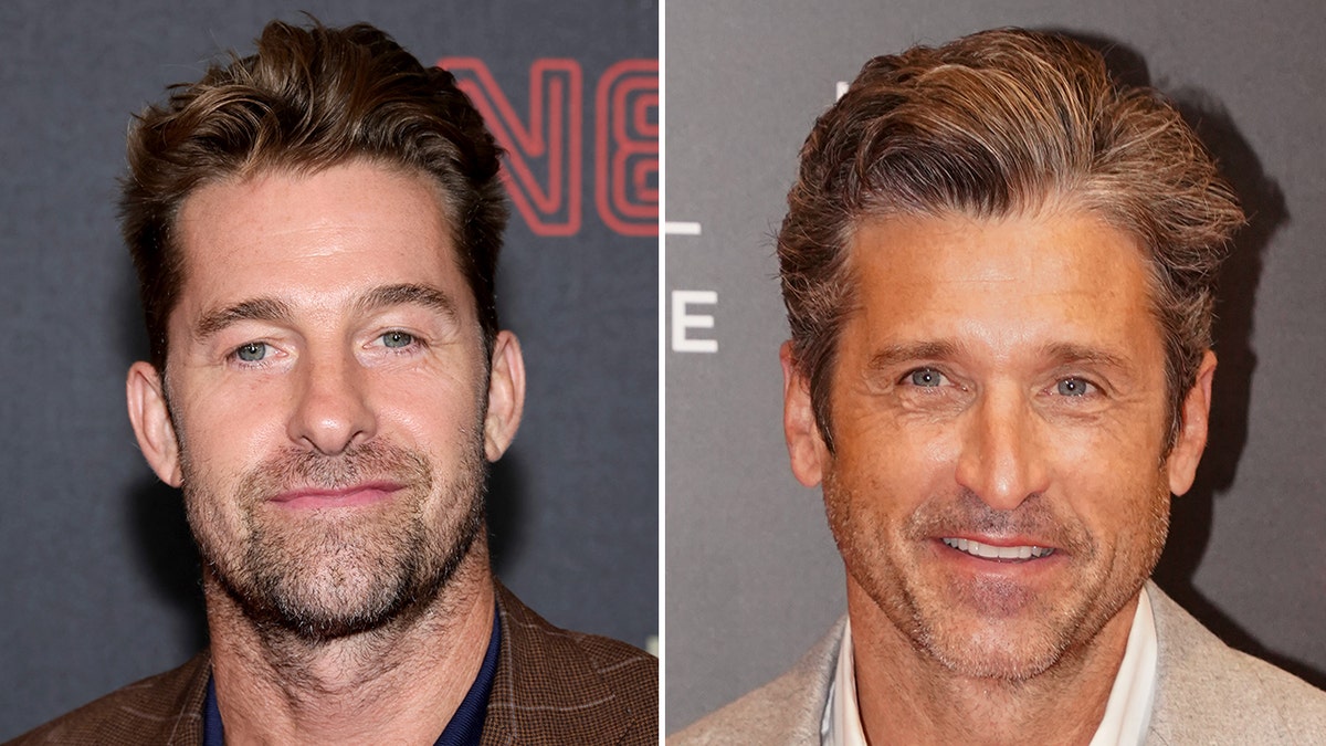 Scott Speedman gives a soft smile in a brown plaid suit split Patrick Dempsey smiles on the red carpet in a gray suit