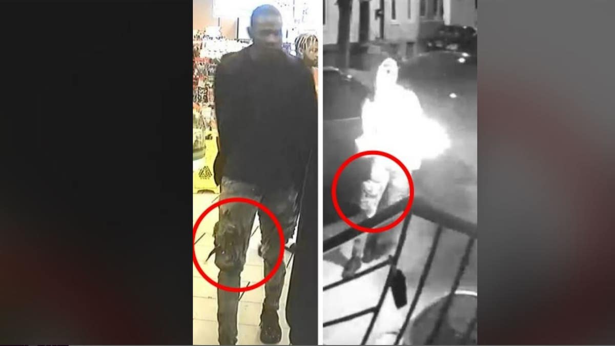 surveillance video stills show suspect wearing similar pants in separate incidents