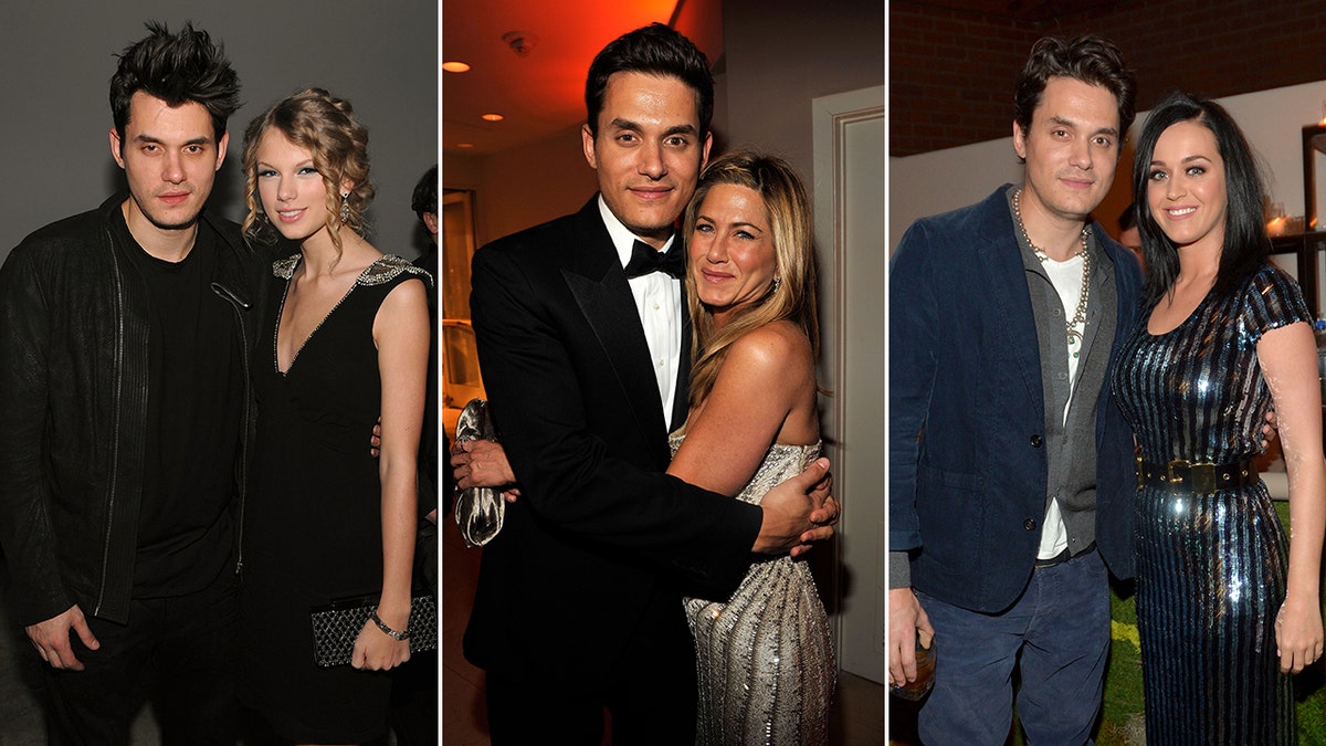 Taylor Swift poses with John Mayer split John Mayer and Jennifer Aniston hug split John Mayer poses with Katy Perry
