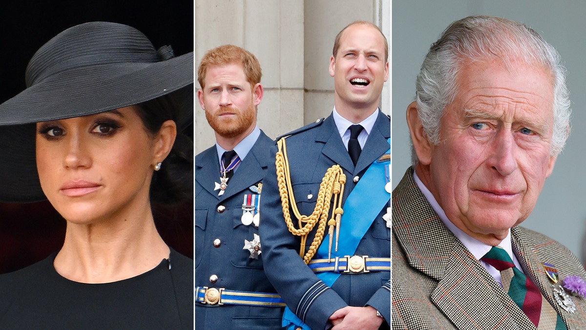 Meghan Markle in a black dress and black hat split Prince Harry and William on the balcony in their royal blue military uniforms split King Charles in a grey/brown suit