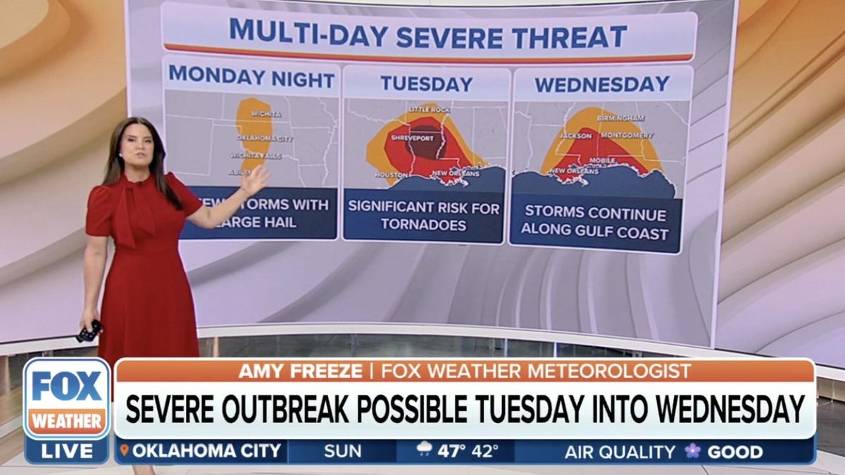 Fox weather reporter in front of graphic showing severe weather threat 