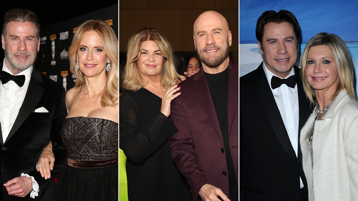 John Travolta in a black tuxedo alongside his wife Kelly Preston in a black dress with a rose gold belt split John Travolta in a maroon suit and black shirt with a shaved head and Kirstie Allen in black holding on to his shoulder split John Travolta in a tuxedo posing with Olivia Newton-John in a white coat