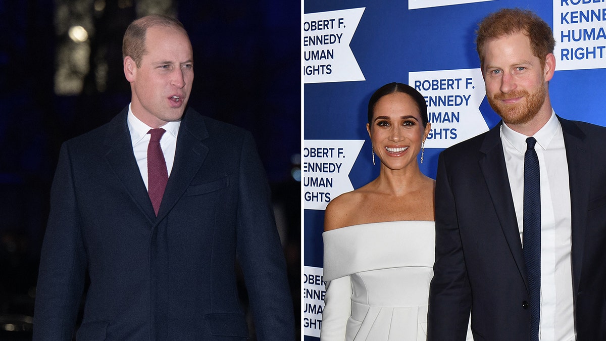 Prince William in a blue suit and maroon tie split Meghan Markle smiles in a white off-the=shoulder dress and Prince Harry in a navy suit