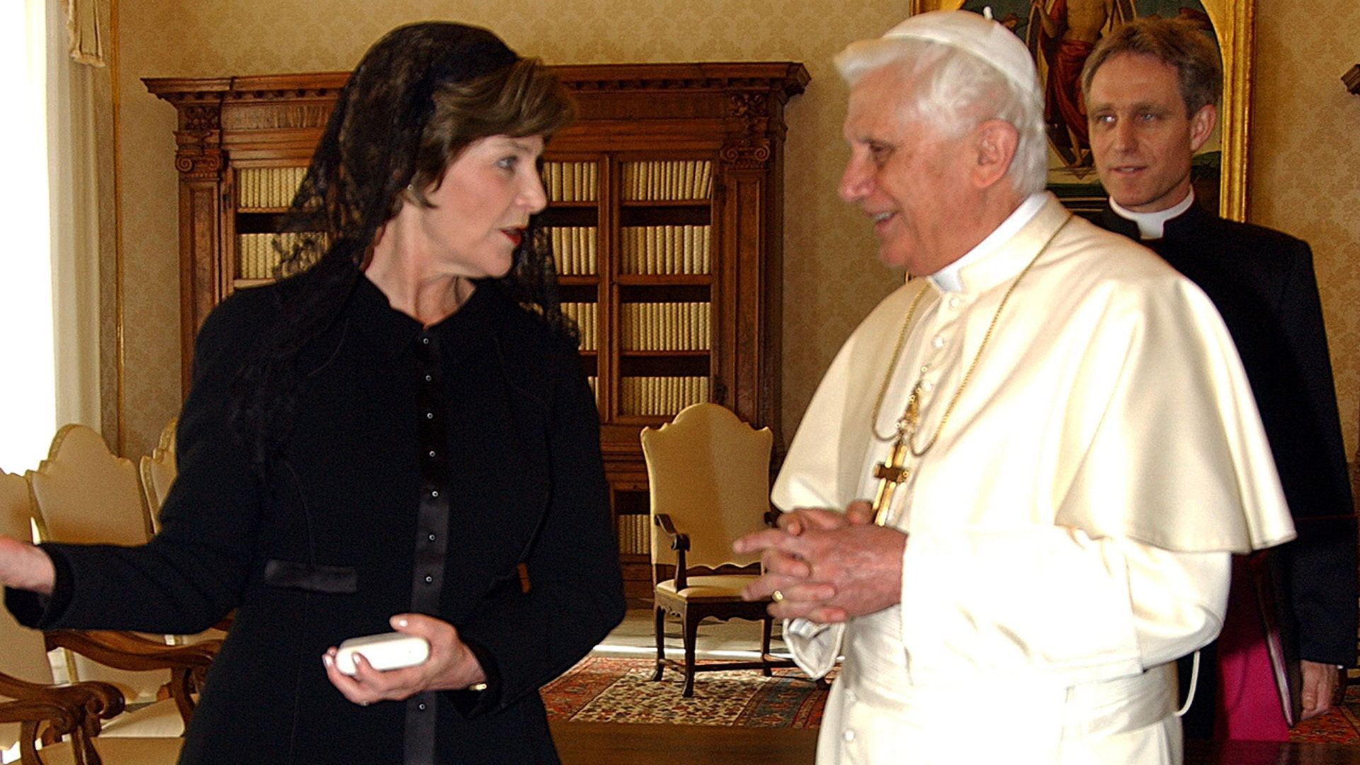 Pope Benedict with former First Lady Laura Bush