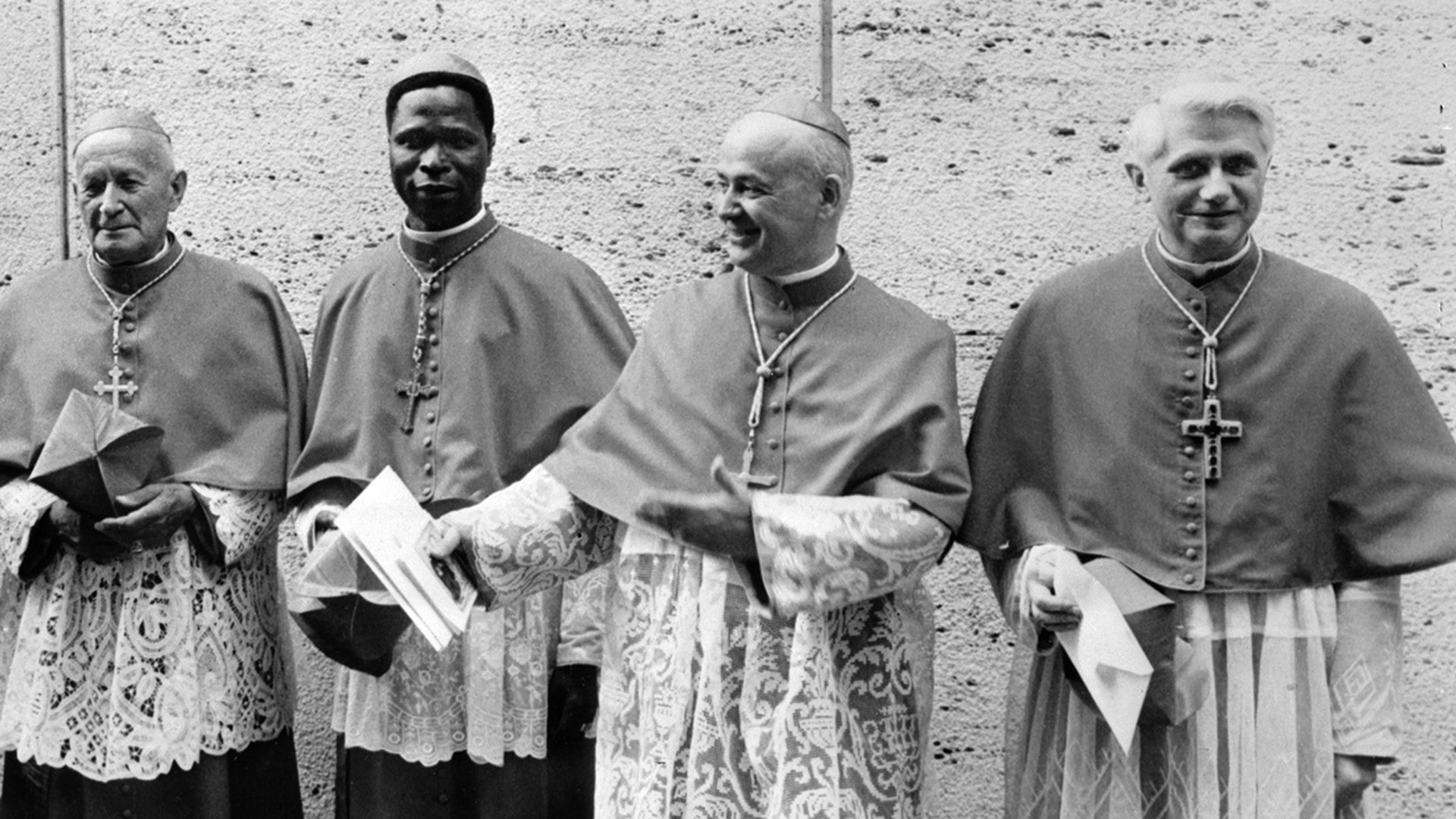 Picture dated 07 June 1977 shows the late German cardinal Joseph Ratzinger (R) at the Vatican city next to former Cardinals Benelli (2ndR), Gantin (C), Tomazek (2ndL) and Gappi (L). German Cardinal Joseph Ratzinger, who was elected 19 April 2005 to succeed Pope John Paul II, and was a close confidant of the late pontiff and fellow conservative.
