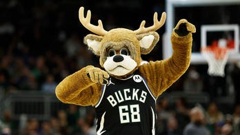 NBA mascot tears down rim on trampoline dunk