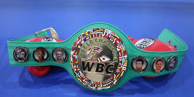 The WBC World Champion belt is displayed at the Ukrainian Boxing Championships in the Ivano-Frankivsk region of western Ukraine. 