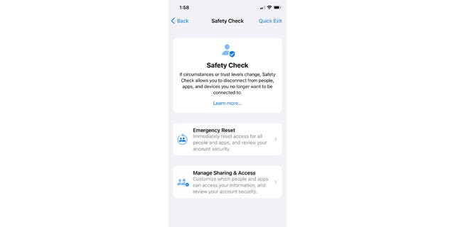 When Safety Check is enabled, it allows you to choose who you are sharing information with, restricts messages and FaceTime to an iPhone, resets system privacy permission for apps, changes passcodes, changes the Apple ID password and more. 