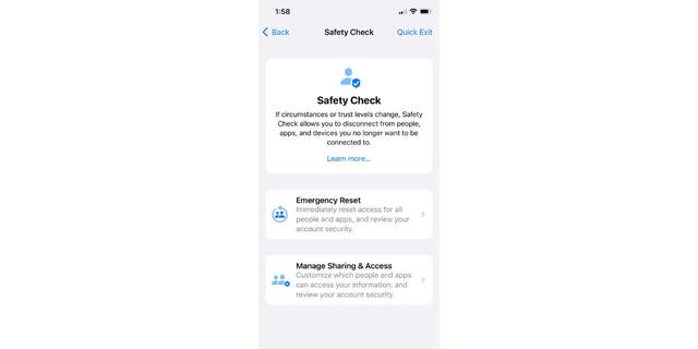When Safety Check is enabled, it allows you to choose who you are sharing information with, restricts messages and FaceTime to an iPhone, resets system privacy permission for apps, changes passcodes, changes the Apple ID password and more.