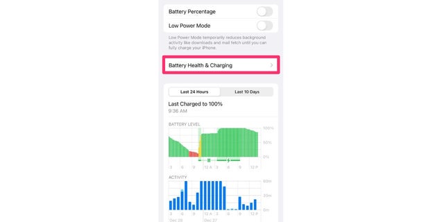 This screen will show the battery status level for your iPhone.