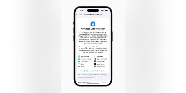 Screenshot dell'iPhone con protezione avanzata dei dati.