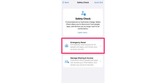 The first feature to take a look at within Safety Check is Emergency Reset. This is available for anyone who wants to immediately reset access for all people and apps, as well as review and reset all settings associated with an Apple ID.