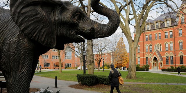 A statue of the school's mascot, "Jumbo," stands the campus of Tufts University in Medford, Massachusetts, U.S., November 27, 2017. 