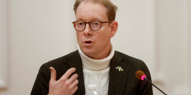 Foreign Minister of Sweden Tobias Billström attends a joint news conference amid Russia's attack on Ukraine, in Kyiv, Ukraine, Nov. 28, 2022.