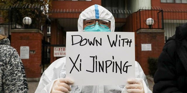 A person holds a banner during a protest in solidarity over the coronavirus disease (COVID-19) restrictions in mainland China, during a commemoration of the victims of a fire in Urumqi, outside the Chinese consulate in Toronto, Ontario, Canada November 29, 2022.  