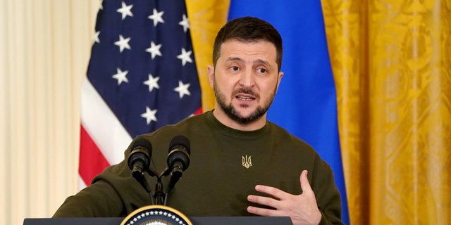 Ukraine's President Volodymyr Zelenskiy speaks during a joint news conference with U.S. President Joe Biden (not pictured) in the East Room of the White House in Washington, U.S., December 21, 2022. 