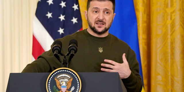 Ukraine's President Volodymyr Zelenskiy speaks during a joint news conference with U.S. President Joe Biden (not pictured) in the East Room of the White House in Washington, U.S., December 21, 2022.