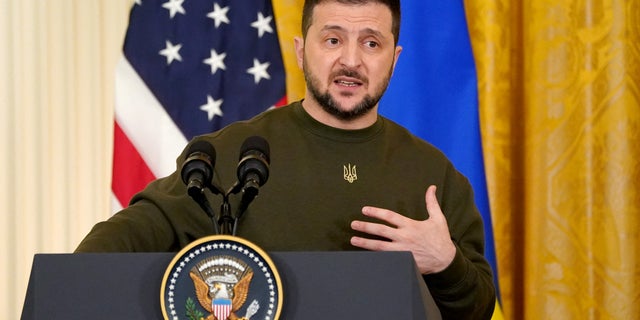 Ukraine's President Volodymyr Zelenskiy speaks during a joint news conference with U.S. President Joe Biden (not pictured) in the East Room of the White House in Washington, U.S., December 21, 2022. 