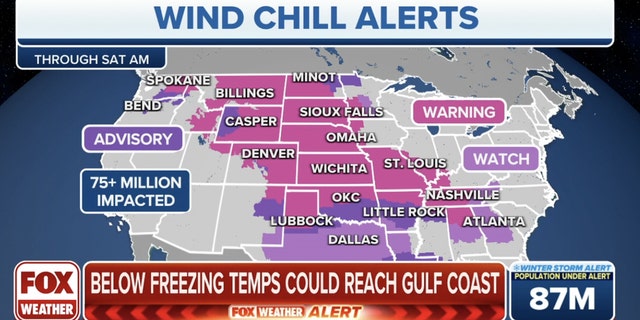 Frigid wind chills were expected to grip much of the U.S. ahead of Christmas.