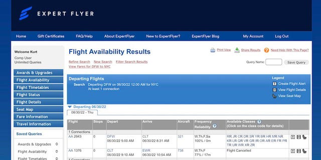 Screenshot of a website that shows you a flight inventory that most airlines do not show you.