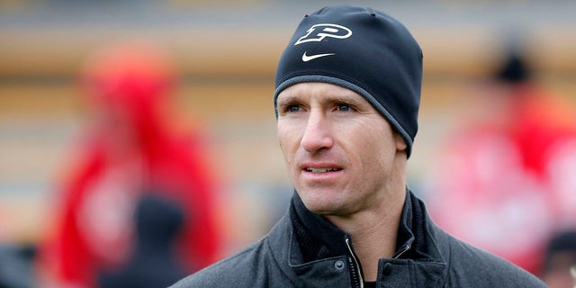 Former Boilermaker and current New Orleans Saints quarterback Drew Brees looks on during an NCAA football game between the Wisconsin Badgers and Purdue Boilermakers at Ross-Ade Stadium on November 19, 2016 in West Lafayette, IN.  The Wisconsin Badgers defeated the Purdue Boilermakers 49–20. 