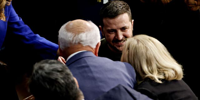 Volodymyr Zelenskyy, Ukraine's president, center, exits after speaking during a joint meeting of Congress at the US Capitol in Washington, DC, US, on Wednesday, Dec. 21, 2022. (Ting Shen/Bloomberg via Getty Images)