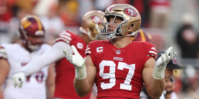 Nick Bosa #97 of the San Francisco 49ers reacts after forcing a fumble during the fourth quarter in the game against the Washington Commanders at Levi's Stadium on December 24, 2022 in Santa Clara, California.