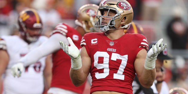 Nick Bosa #97 of the San Francisco 49ers reacts after forcing a fumble during the fourth quarter in the game against the Washington Commanders at Levi's Stadium on December 24, 2022 in Santa Clara, California.