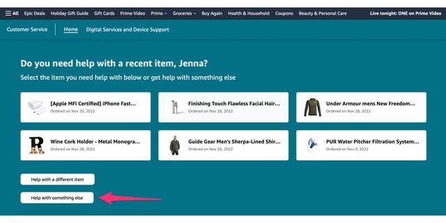 Screenshot of the customer service page instructing you to select help with something else.