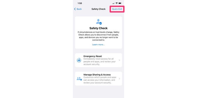 With your Safety Check app, all you have to do is tap the Quick Exit button, and it will save any changes you've made and immediately bring you back to the Safety Check homepage.  No one will be able to access what changes you've made in the meantime. 