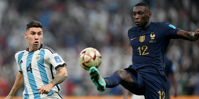 France's Randal Kolo Muani reaches for the ball during the World Cup final in Lusail, Qatar, Sunday, Dec. 18, 2022.