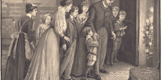 Theodore Roosevelt's son, Archibald, 8, surprised the first family by sneaking a Christmas tree into the White House on Christmas Day 1902. The caption reads, "None appeared more astonished than Mr. Roosevelt." The incident helped inspire Americans' interest in Christmas trees at home. George Varian drawing. 