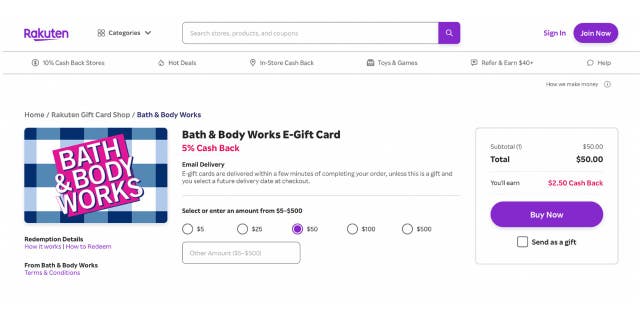 Earn cash back by purchasing gift cards on Rakuten.