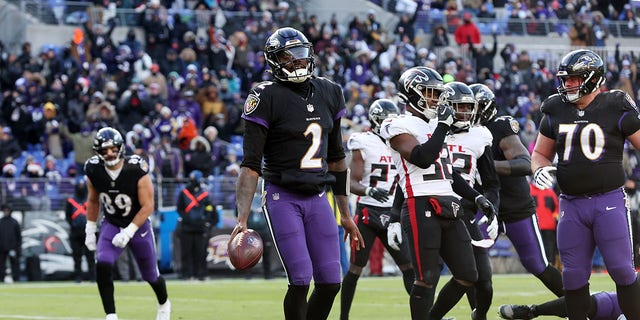 BALTIMORE, MARYLAND - DECEMBER 24: Tyler Huntley #2 of the Baltimore Ravens celebrates after scoring a two-point conversion during the second quarter of the game against the Atlanta Falcons at M&amp;amp;T Bank Stadium on December 24, 2022, in Baltimore, Maryland.