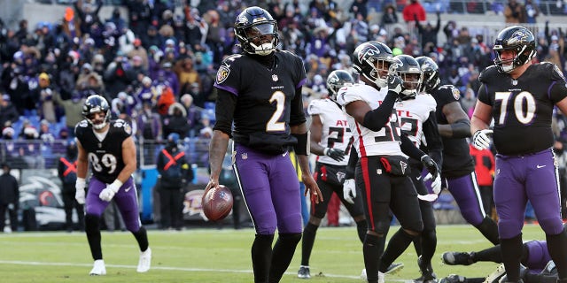 BALTIMORE, MARYLAND - DECEMBER 24: Tyler Huntley #2 of the Baltimore Ravens celebrates after scoring a two-point conversion during the second quarter of the game against the Atlanta Falcons at M&T Bank Stadium on December 24, 2022, in Baltimore, Maryland.
