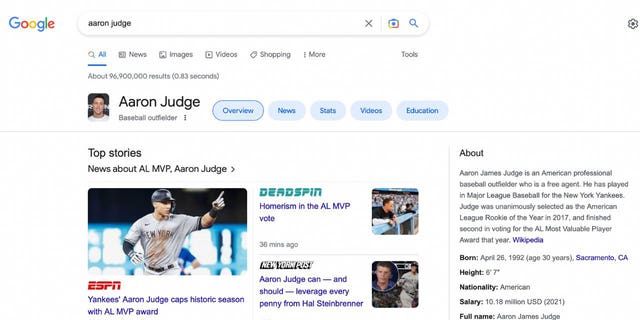 Screenshot of a Google search for Aaron Judge.