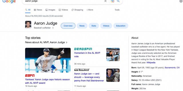 Screenshot of a Google search for Aaron Judge.