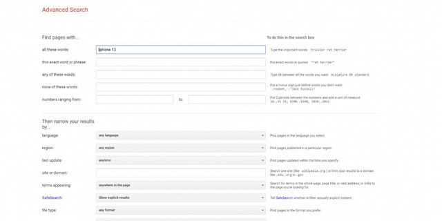 Screenshot of an advanced search in Google.