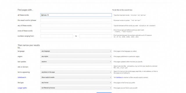 Screenshot of Google Advanced Search.