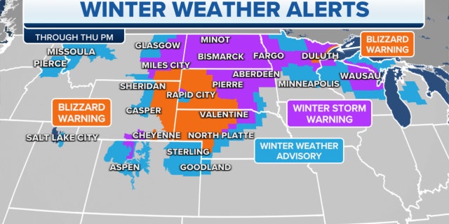 Winter weather alerts in the Midwest, Plains