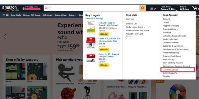 Screenshot of a tutorial on how to select Amazon customer service.