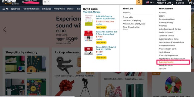 Screenshot of a tutorial on how to select Amazon customer service.