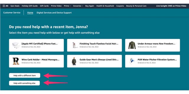 Screenshot of the Amazon customer service page instructing what to select.